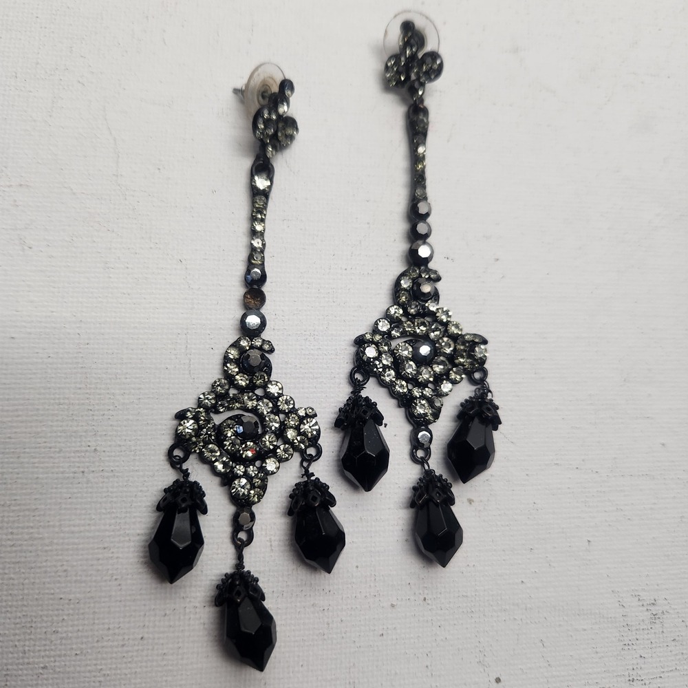 Black Rhinestone Chandelier Drop Earrings Gothic Statement Dangle Formal 4 Inch